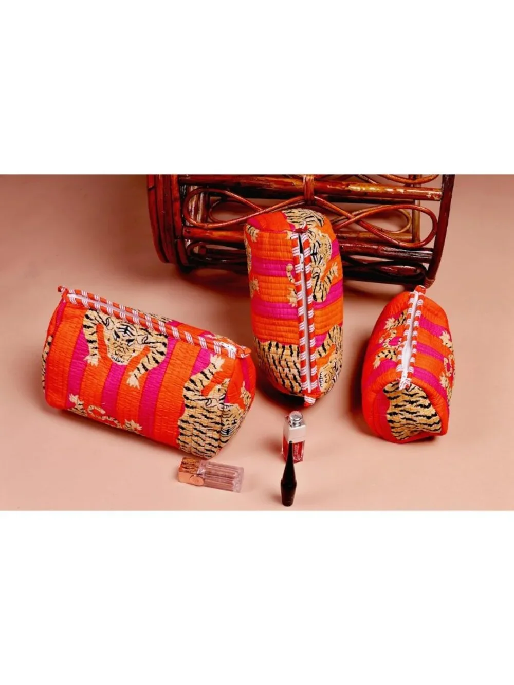 3pcs Quilted Cotton Tiger Print Travel Toiletry & Makeup Organizer Set